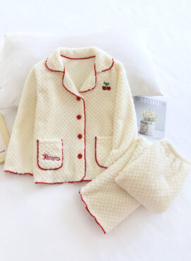 White Plush Cherry Embroidered Pajama Set | Wonyoung - IVE