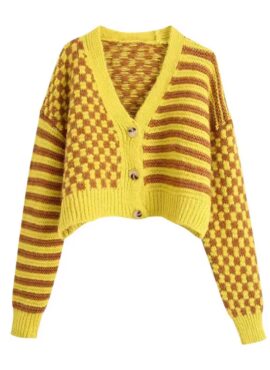 Yellow Checkered And Striped Cardigan | Hinata – XG