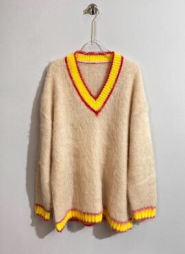Beige Mohair V-Neck Sweater With Yellow Linings | Jungwon - Enhypen