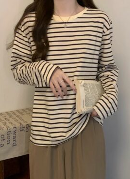 Beige Striped Long Sleeve T-Shirt | Jungkook - BTS