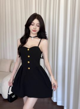Black Bustier A-Line Dress With Gold Buttons | Handong - Dreamcatcher