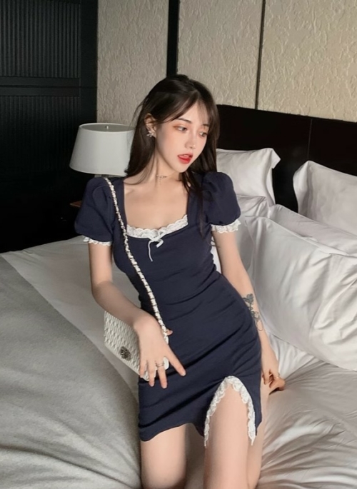 Blue Puff Sleeves Lace Bodycon Dress | Seulgi – Red Velvet