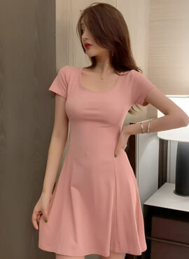 Pink Short Sleeve Flared Dress | Eunchae – Le Sserafim