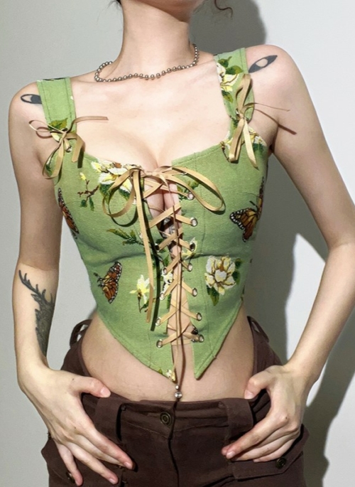 Green Floral Lace-Up Corset Top | Handong - Dreamcatcher