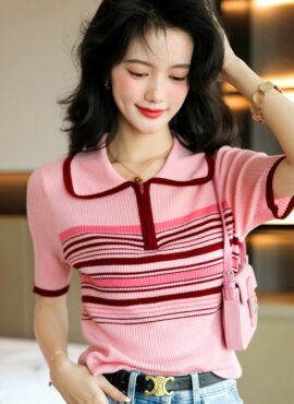 Pink Striped Knit Polo Shirt | Hanni - NewJeans