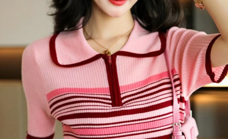Pink Striped Knit Polo Shirt | Hanni – NewJeans
