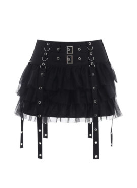Black Mesh Layered Skirt With Eyelet Straps | Joy - Red Velvet