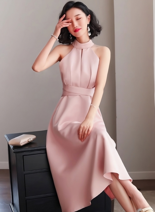 Pink Halter Neckline Elegant Dress | Lee Ra El - Eve