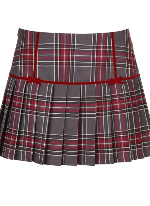 Red Plaid Mini Bow Pleated Skirt | Haerin - NewJeans