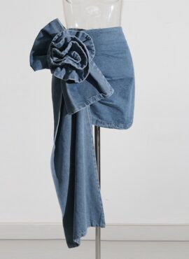Blue Flower Embellished Denim Skirt | Sana - Twice