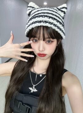 White And Black Striped Cat Ears Beanie | Wonyoung – IVE