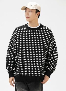 Black Checkered Crew Neck Sweater | Yunho - ATEEZ