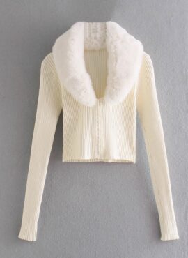 Beige Fur Collar Knitted Cardigan | Yoon – STAYC