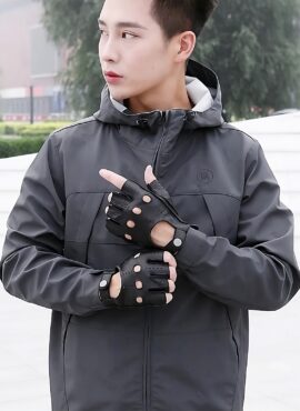 Black Knuckle Holes Faux Leather Half Gloves | Hyunjin - Stray Kids