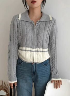 Grey Collared Zip-Up Cardigan With White Details | Key – SHINee