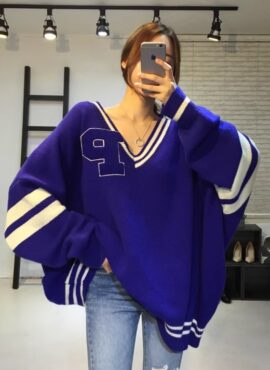 Blue Letter Patch Stripe V-Neck Sweater | Key – SHINee