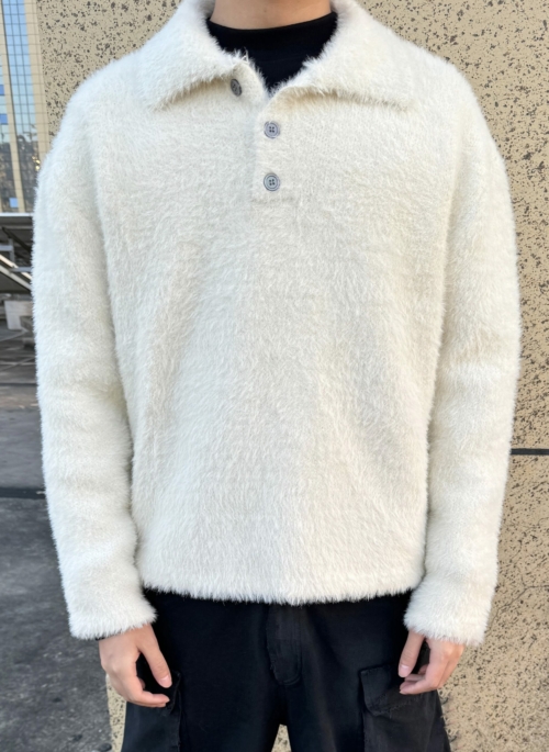 White Fluffy Collared Polo Sweater | Minho – SHINee