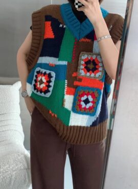 Brown Patching Pattern Knit Vest | Onew – SHINee