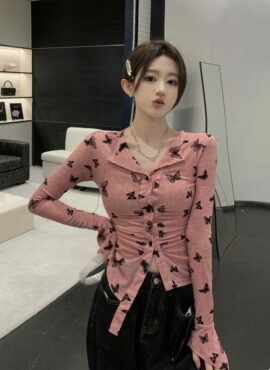 Pink Button-Up Butterfly Print Shirt | Siyeon – Dreamcatcher
