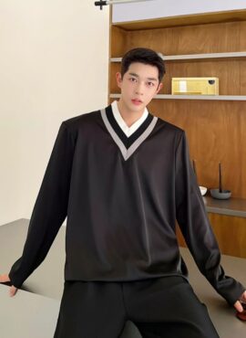 Black Striped V-Neck Long Sleeve T-Shirt | Taemin - SHINee