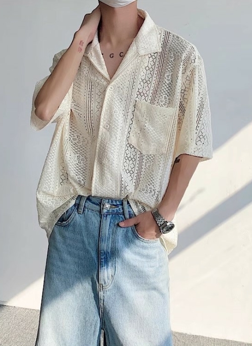 White Lace Button-Down Short Sleeves Shirt | Mingi – ATEEZ