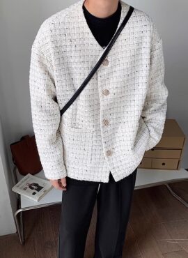 White Tweed Collarless Blazer Jacket | Jeongin - Stray Kids