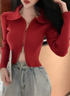 Red Double Zipper Cardigan | Yeji - ITZY