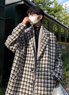 Black And  White Houndstooth Woolen Coat | Changbin – Stray Kids