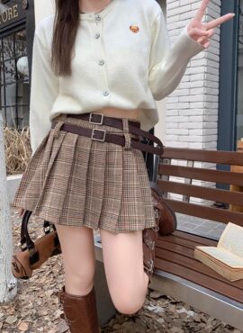 Brown Plaid Pleated Skirt With Double Belt Slots | Wendy – Red Velvet