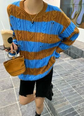 Brown And Blue Distressed Striped Sweater | J-Hope - BTS