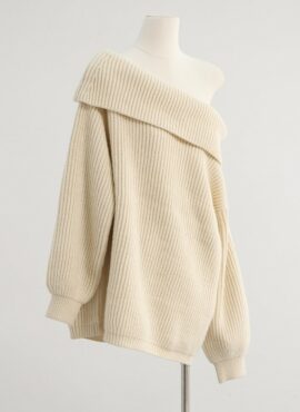 Beige Off-Shoulder Ribbed Sweater | Jennie - BlackPink