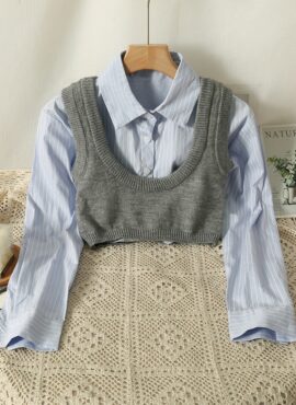 Blue Shirt And Grey Vest Two-Piece Set | Jihyo - Twice