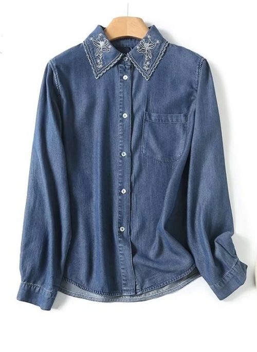 Blue Embroidered Collar Denim Shirt | Lisa - BlackPink