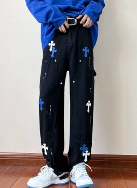 Black Wide Leg Pants With Blue Cross Details | Mark - NCT