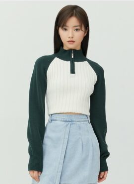 Green And White Zip-Up Cropped Sweater | Miyeon -  (G)I-DLE