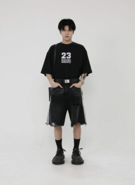 Black Mid-Length Tattered Denim Shorts | Wooyoung - ATEEZ