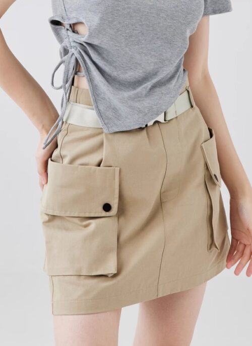 Beige Buckle Belt Retro Skirt