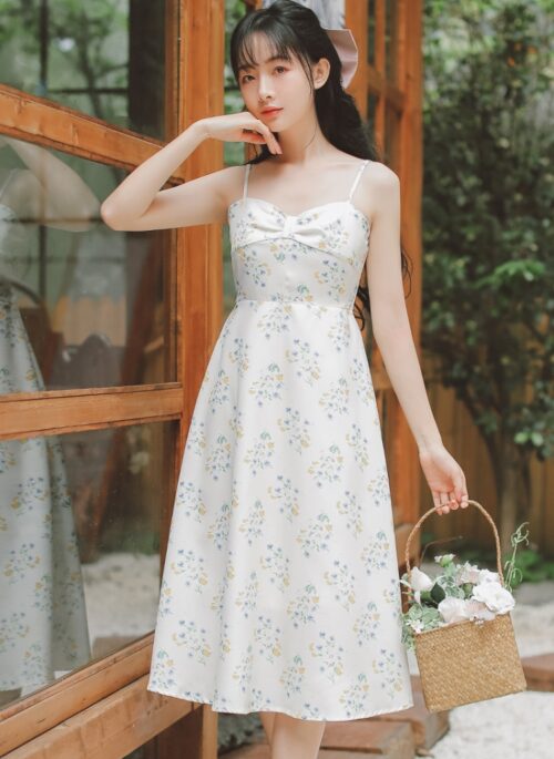 Beige Floral Print Midi Dress
