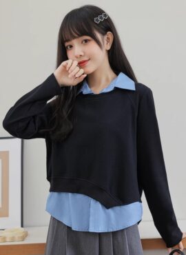 Black Irregular Hem Sweatshirt And Blue Shirt Set
