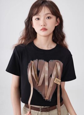 Black Satin Lace Heart Print Crop T-Shirt