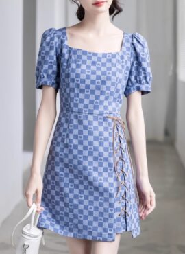 Blue Checkered And Hearts Denim Dress