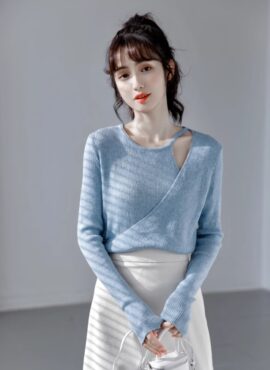 Blue Irregular Cut Wrapped Sweater