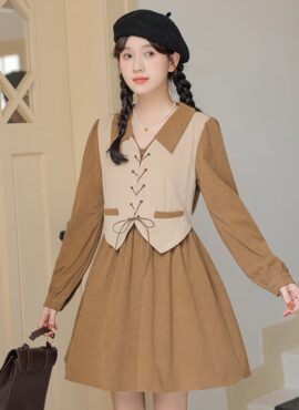 Brown Corduroy Spliced Lace-Up Dress