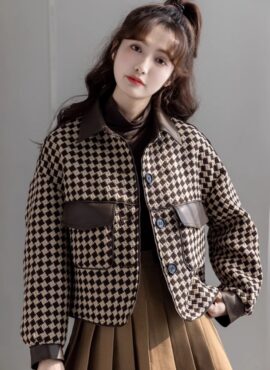 Brown Front Pockets Plaid Jacket