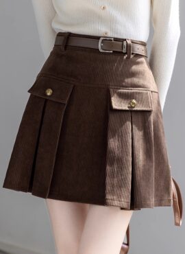 Brown High-Waist Pleated Corduroy Skirt
