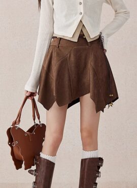 Brown Suede Irregular Hem Skirt