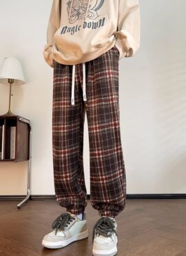 Grey And Red Plaid Cozy Cuffed Pants