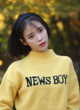 Yellow “New Girl” Cropped Mock Neck Sweater | IU