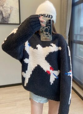 Black Airplane Print Knit Sweater | Jungkook - BTS