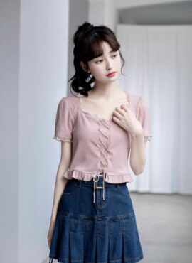 Pink Puff Sleeve Lace-Up Top